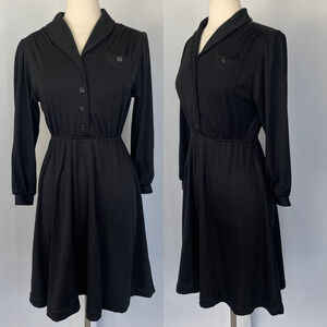 Vintage A Line Dress Size 9 Black Solid Minimal Long Sleeve Academia Retro 70s